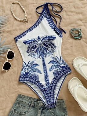 Blue & White Palm Print Halter One-Piece Bodysuit - Ladies’